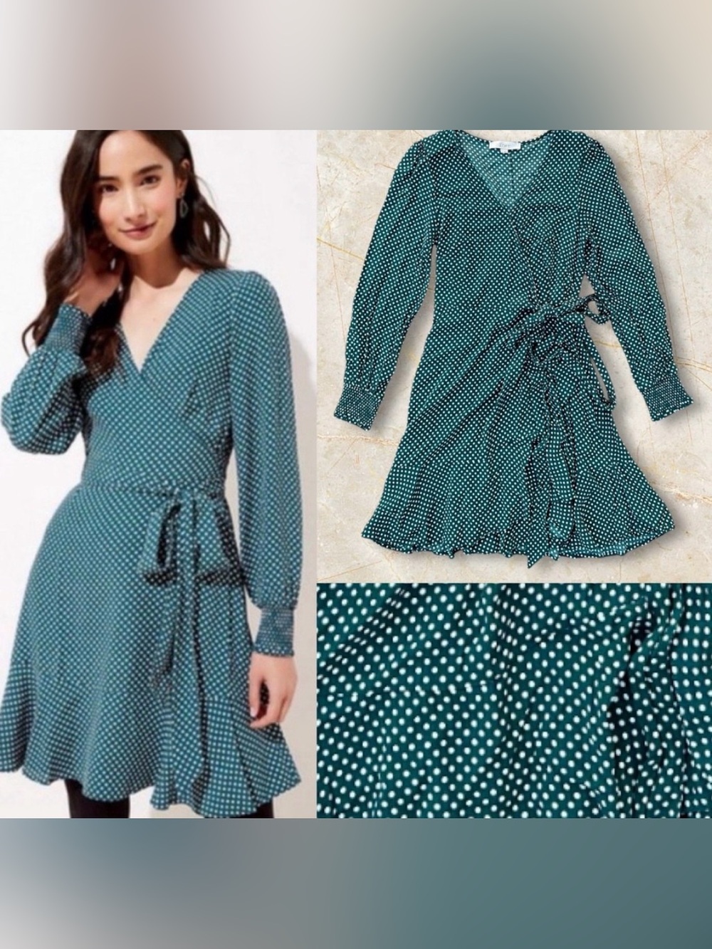 Loft by Ann Taylor Teal polka Dot Wrap Dress Size 6 EUC RUFFLE